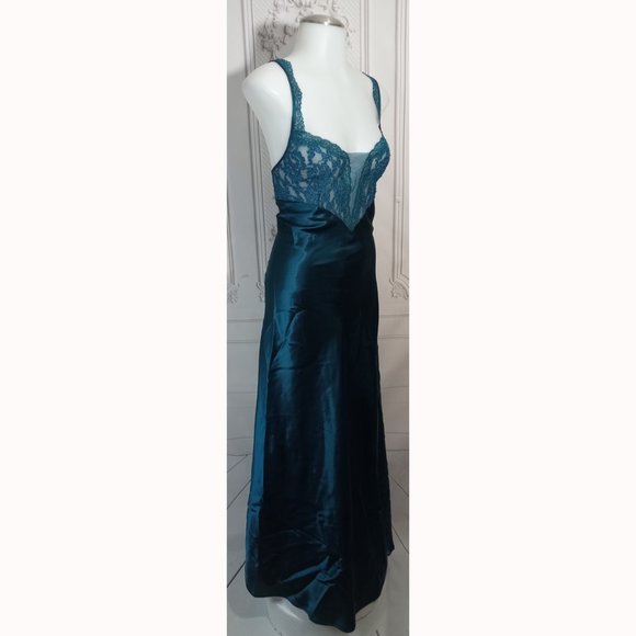 VTG Victoria's Secret Gold Label Teal Satin & Lace Long Slip Dress Gown Sz M - Picture 5 of 9